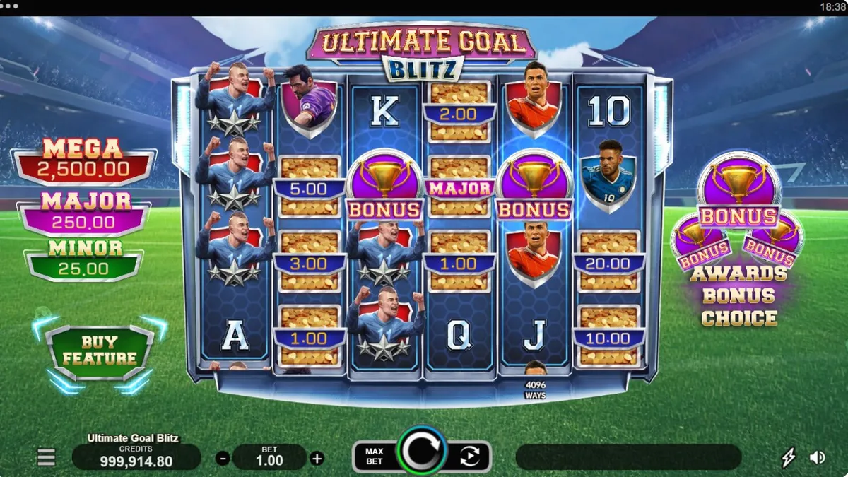 Interface do slot Ultimate Goal Blitz com tema de estádio de futebol e holofotes